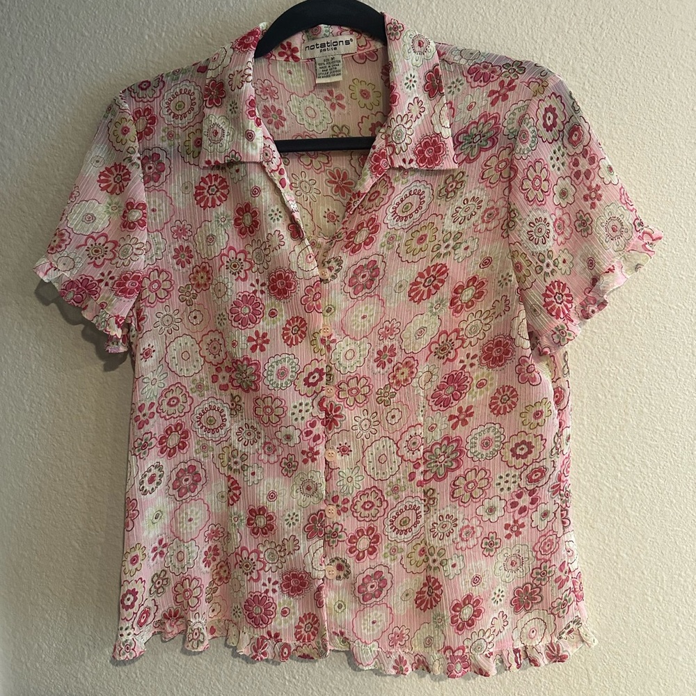 Notations Pink Floral Button Up Sheer Top Petite Medium Y2K Soft Girly Fairy